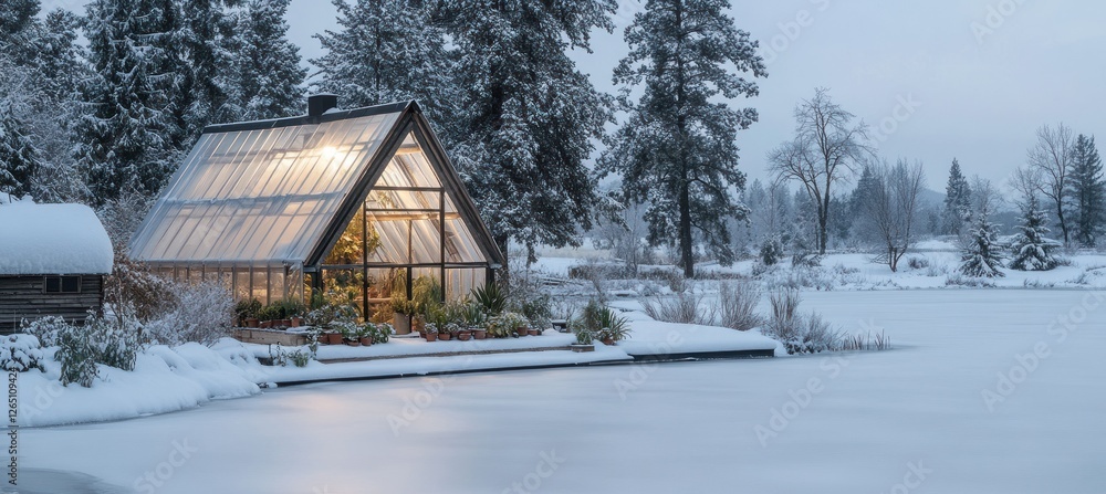 Poster Illuminated greenhouse in snowy winter landscape, near frozen lake.