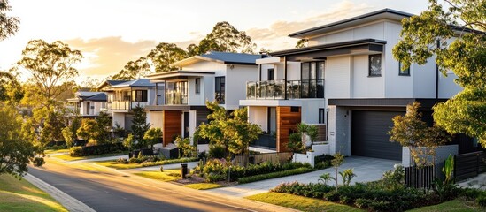 Modern houses on a tree-lined street at sunset.