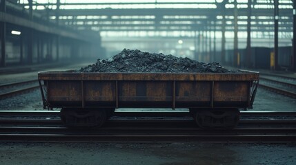 Fototapeta premium A lone, weathered industrial railcar sits on tracks, laden with coal, under a dimly lit, expansive warehouse, evoking a sense of solitude and industry.