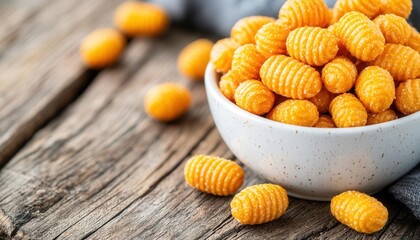 Close-up of a bowl overflowing with bright orange cheese doodles, National Cheese Doodle Day, celebrating the crunchy, cheesy snack,