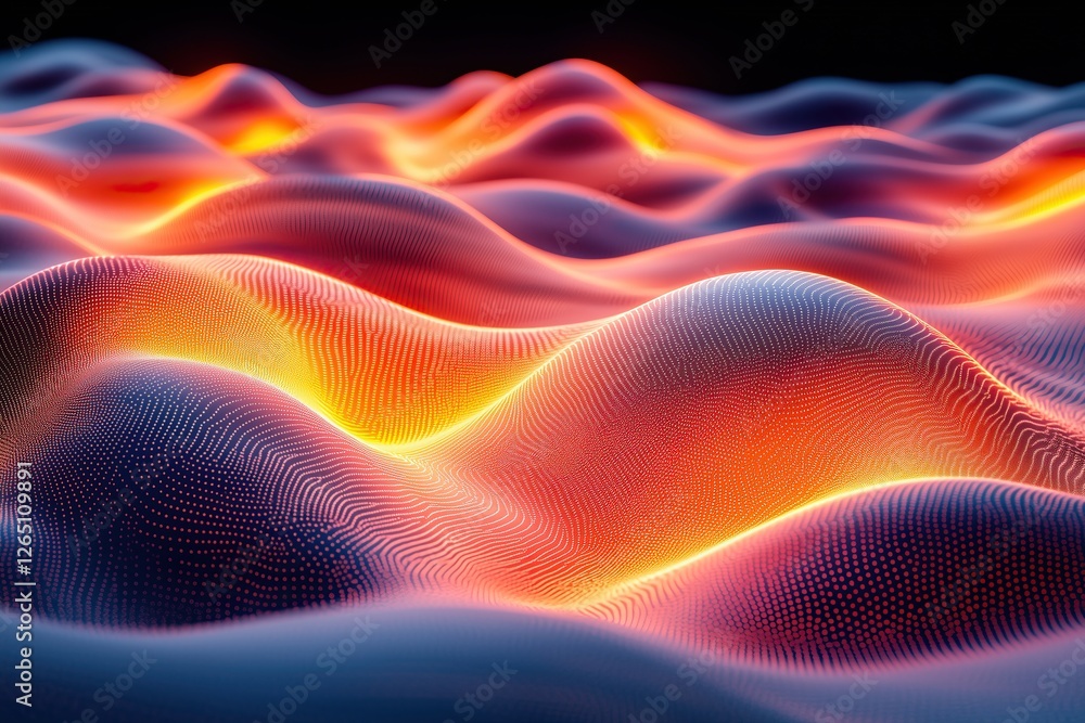 Poster Abstract wavy landscape of connected dots with orange and blue gradient colors mesmerizing and dynamic display of digital art