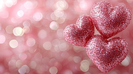 Pink hearts on blurred background. Romantic Valentine's Day. Possible use for greeting cards or social media posts