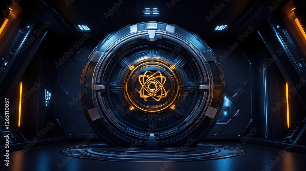 Poster futuristic sci-fi circular wall design with glowing core in a dark technologically advanced environm