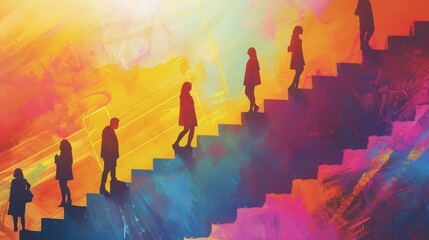 Diverse Group of Individuals Collaboratively Climbing a Staircase Towards a Common Goal Amidst Colorful Abstract Surroundings. Generative AI