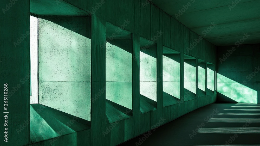 Poster sunlit corridor with multiple square windows in a teal concrete building.