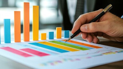 Business professional analyzing colorful bar charts and graphs, showcasing data insights with a focus on strategic planning in a modern office environment