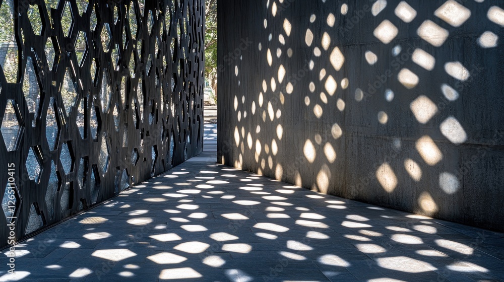 Poster sunlit walkway between patterned walls, dappled light and shadow.