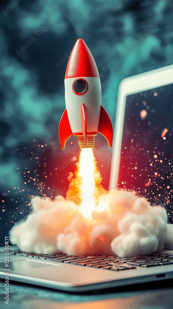 Aufkleber a charming scene featuring a rocket launching from a laptop with an explosion of colorful clouds, sy