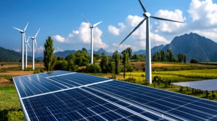 Renewable Energy Landscape with Solar Panels and Wind Turbines Under Clear Blue Sky