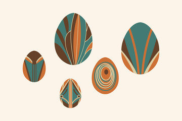 Vector set with Easter eggs in Art Deco style. Stylish decorative elements for Christian spring Paschal holidays. Hand drawn festive elements for design, wrapping paper, flyer, card, poster, sign