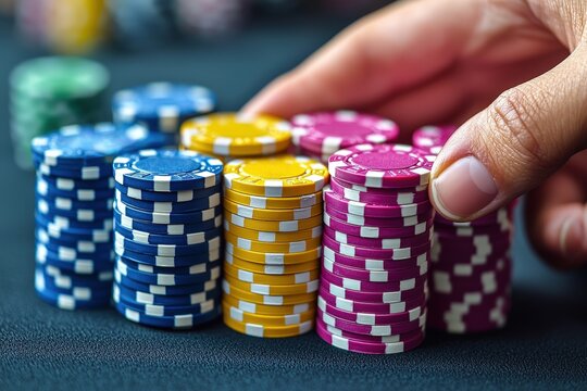 Close-up of a hand arranging stacks of colorful poker chips on a dark felt surface. The chips are in various colors and heights, suggesting a game in progress.