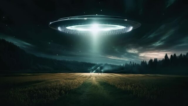 Ufo hovering over night field with bright beam. Alien spaceship landing in dark forest. Science fiction scene of extraterrestrial contact in countryside landscape