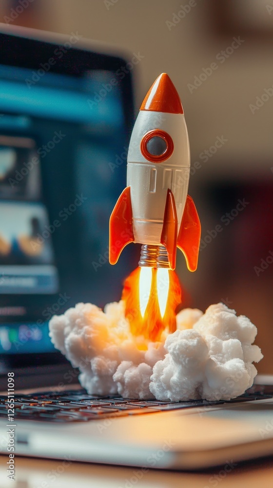 Aufkleber this captivating image showcases a rocket blasting off from a laptop filled with clouds, representin