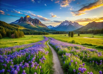 Fototapeta premium Soaring drone captures breathtaking mountain vistas and a vibrant purple iris field path.