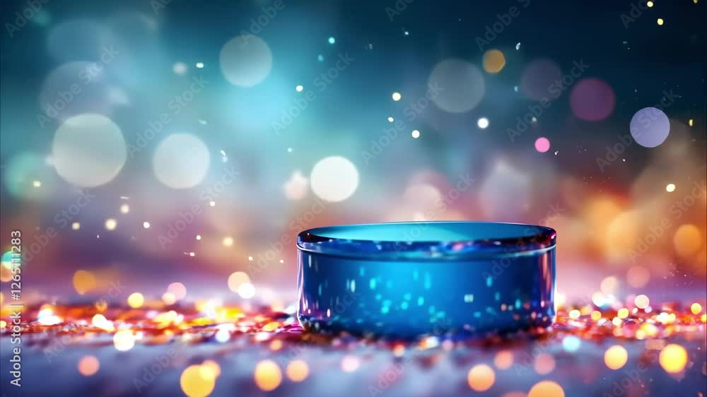 Poster a blue circular container surrounded by colorful reflections and sparkling lights in a dreamy, soft-