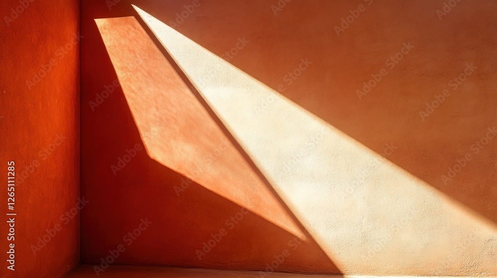 Poster sunlight beam illuminates orange wall corner, creating abstract shadow patterns.