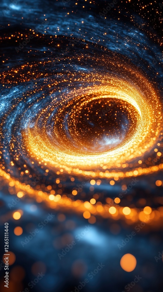 Aufkleber abstract galaxy vortex with golden glowing particles swirling around central dark point against blue