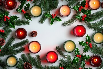 Christmas candles, pine, holly, pine cones for festive holiday ambiance