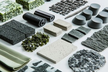 Diverse collection of bio-based materials in various shapes and textures, showcasing sustainable design.