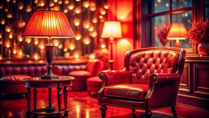 Retro Red Interior Design, Vintage Room with Bokeh Lighting, Stylish Apartment, Cozy Home Decor,  Warm Atmosphere Stock Photo