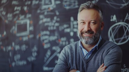 Math Teacher Explains Complex Concepts With Enthusiasm at Chalkboard. 