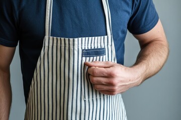 Close-up of a man wearing a striped apron, hand in pocket.