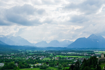 The stunning Alps as seen from the historic Hohensalzburg Fortress in Salzburg.