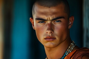 Obraz premium Young man with a serious expression wearing beads, standing against a rustic background in natural lighting