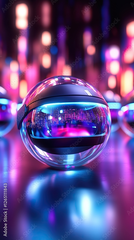 Poster futuristic tech display featuring transparent sphere with vibrant city reflected inside set against 