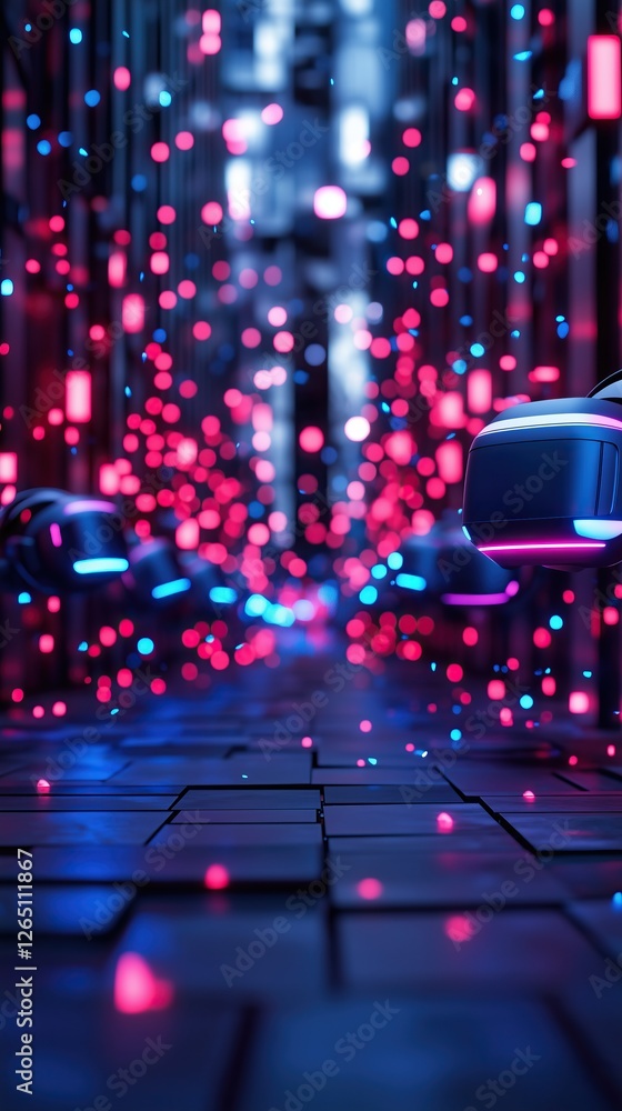 Aufkleber Abstract tech scene with glowing headsets bokeh lights and futuristic grid Modern technology and digital innovation