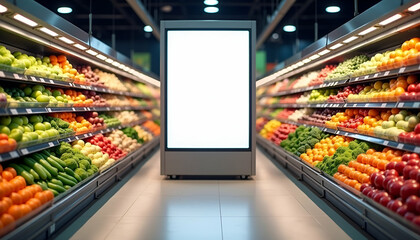 Blank Advertising Mockup in Supermarket Aisle – Glowing Display for Grocery Store Ads, Fresh Produce on Shelves, Vibrant Fruits and Vegetables, and Shoppers in the Background