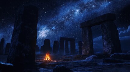 Night Sky, Stonehenge, Fire, Mystical, Background, Wallpaper