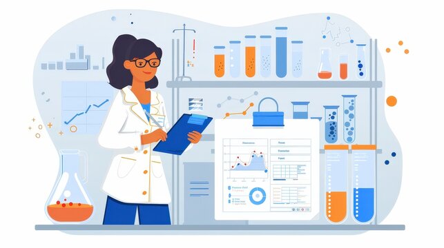 Nurse Meticulously Recording Data From a Lab Experiment While Surrounded by Charts, Graphs, and Lab Equipment in a Research Facility. 