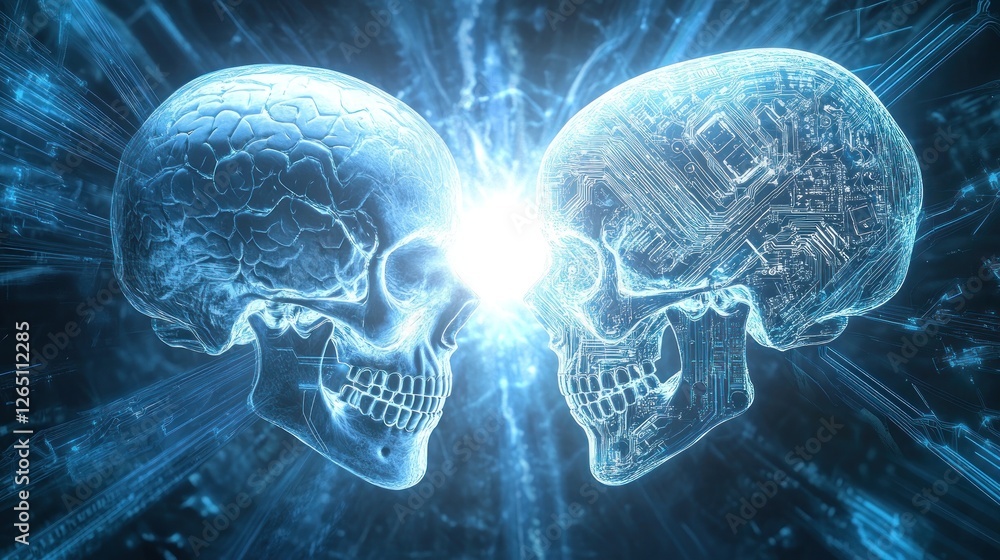 Poster two translucent skulls, one representing a human brain and the other a circuit board, facing each ot