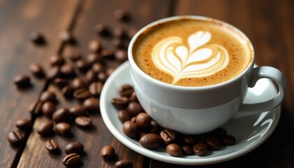 Obraz premium Close-up, latte in white cup, coffee beans scattered , close up, background