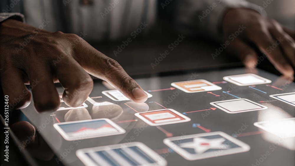 Poster a closeup of hands touching an interactive holographic screen highlighting customer feedback loops w