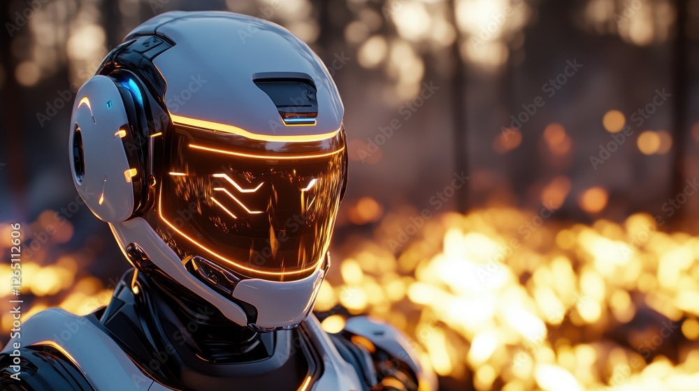 Poster futuristic robot in a fiery landscape with glowing elements showcasing advanced technology and resil