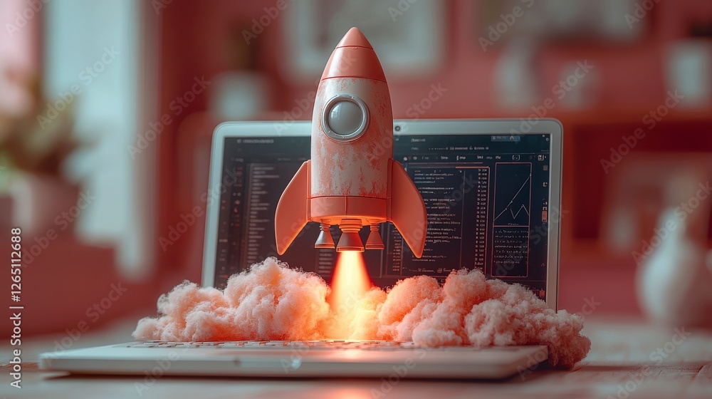 Poster a vibrant image showing a retro rocket launching from a laptop keyboard, surrounded by colorful clou