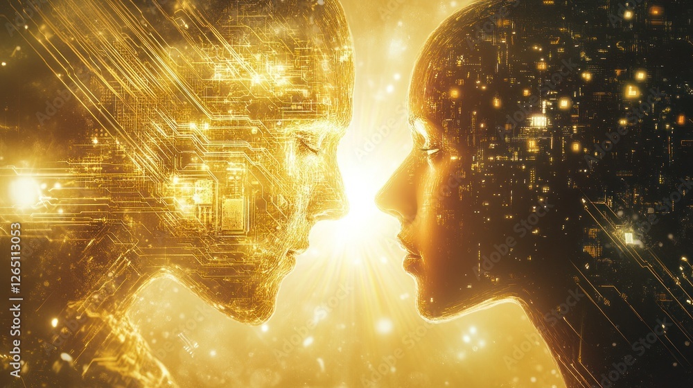 Poster two glowing robotic faces facing each other, with circuit board patterns, in a futuristic setting.