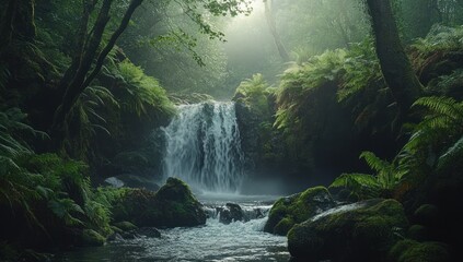 Misty waterfall cascading down rocks in lush green forest.