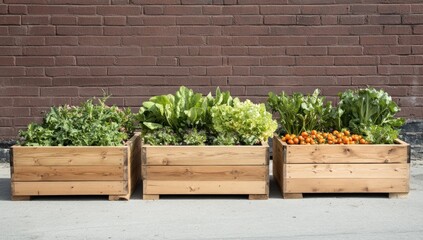 Three wooden planters filled with various vegetables and herbs against a brick wall.