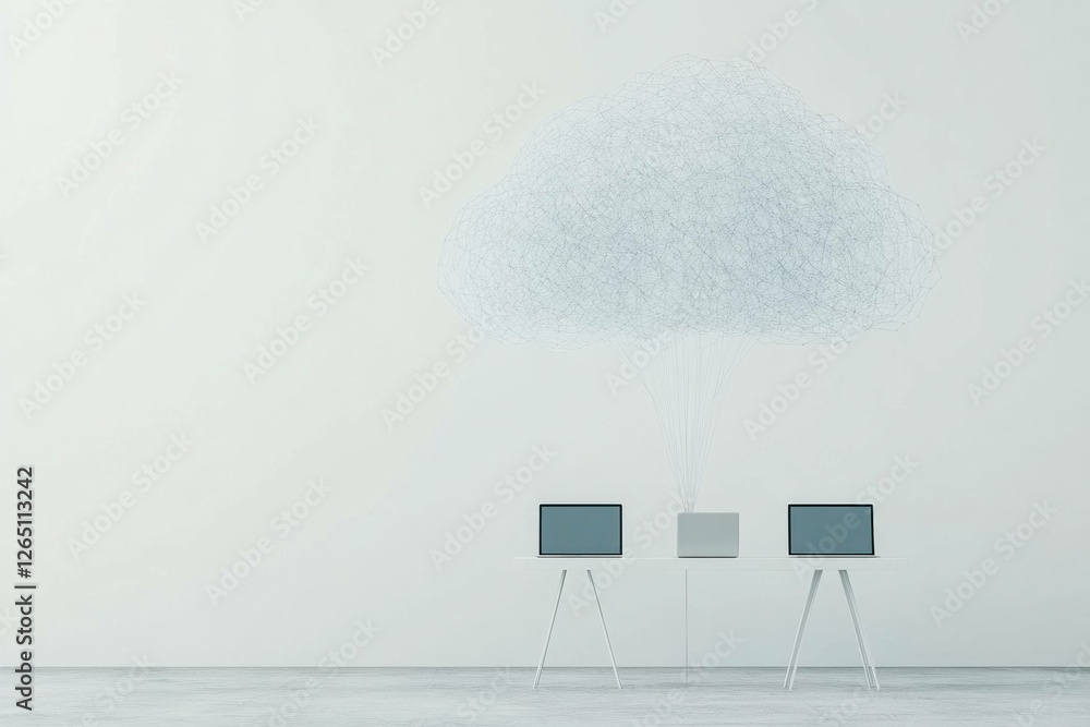 Aufkleber minimalistic workspace with cloud concept illustrating digital connectivity, featuring two laptops a