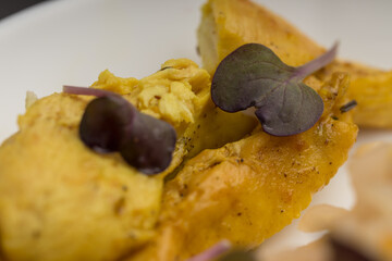 Close-up of roasted chicken slices with sprouts on top