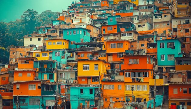Colorful Brazilian favela with vibrant buildings, street life, and urban creativity, perfect for graphic art, lively colors, energetic urban landscape, dynamic city vibe