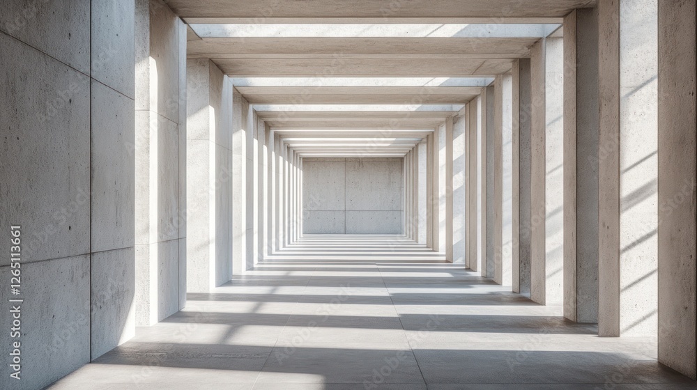 Poster sunlit modern concrete corridor with repeating architectural elements creating a sense of depth and 