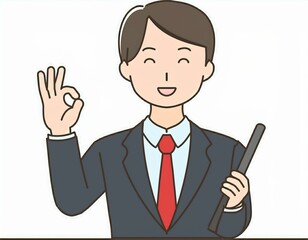 男性会社員が指でOKサインをするジェスチャーのイラスト。AIで生成	
