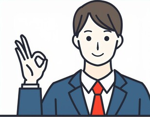 男性会社員が指でOKサインをするジェスチャーのイラスト。AIで生成	
