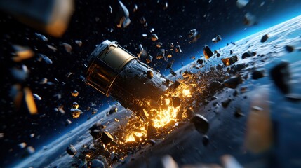 Naklejka premium Dramatic Space Explosion with Debris Surrounding a Satellite in Orbit Above Earth