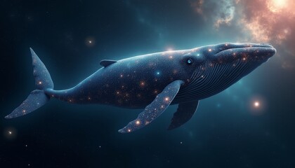 Fototapeta premium Mystical blue whale swimming through a galaxy of shimmering stars