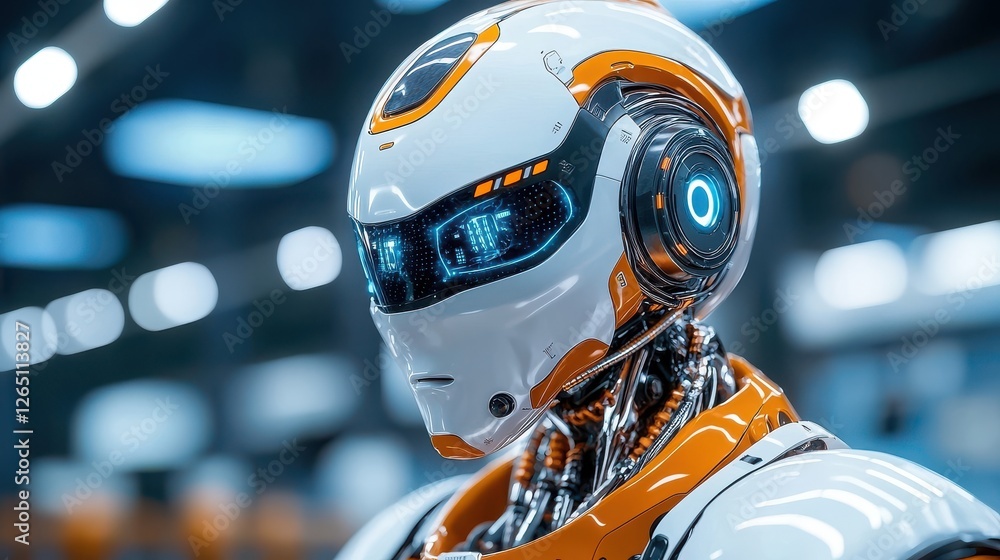 Poster futuristic robot with advanced technology displaying neon lights and sleek design in a modern enviro